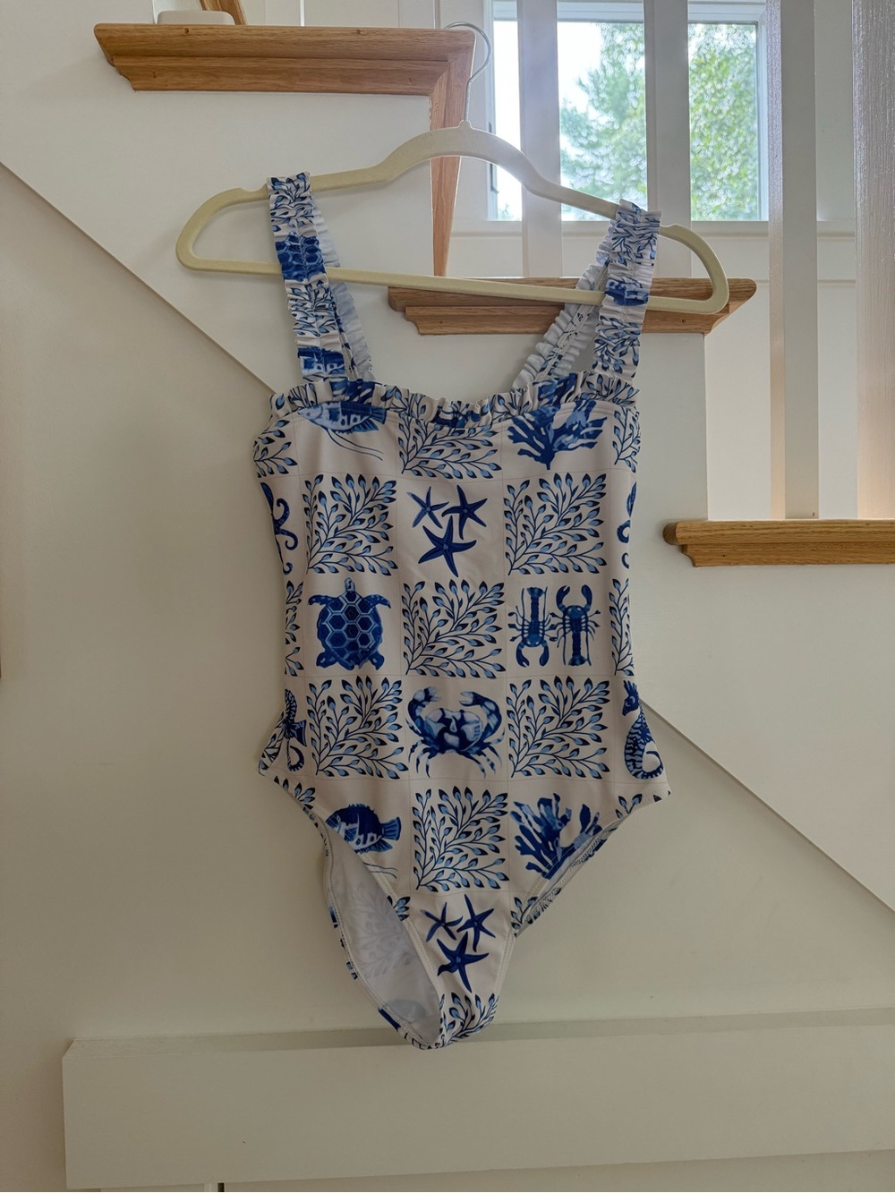 Blue & White Ocean Print One-Piece Swimsuit